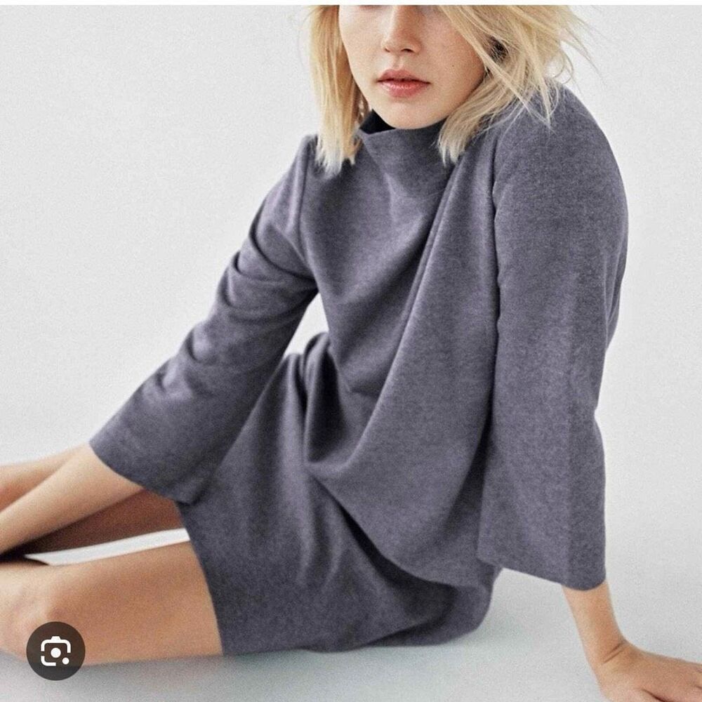 ZARA Women's Gray Mock Neck Sweater Dress Size S Knee Length 3/4 Sleeve